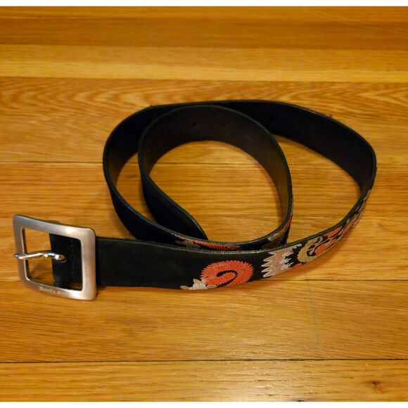 Guido Angeloni Vintage Black Suede + Leather Belt w/ Boho Design, Length 42" - Picture 2 of 8